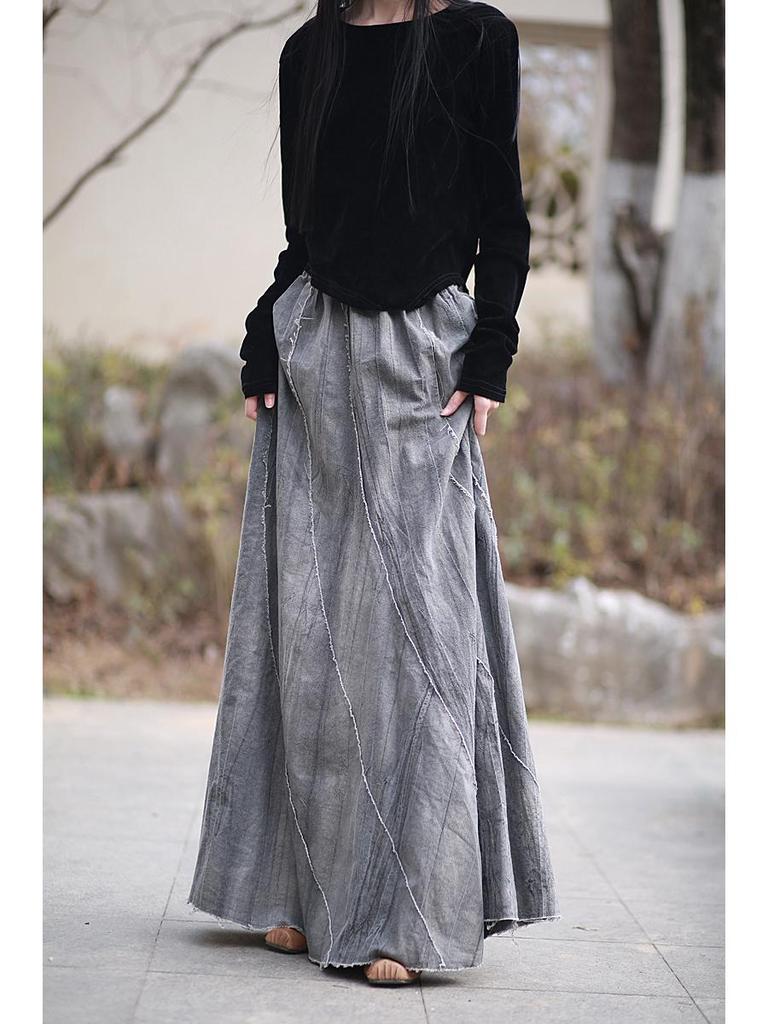 Spring/Summer Ramie Tie-Dye Patchwork Midi Skirt with Frayed Edges