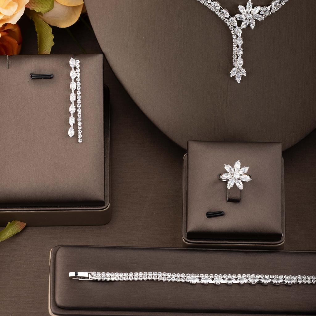 A set of elegant cubic zirconia jewelry with a floral design, perfect for women to wear at weddings and parties