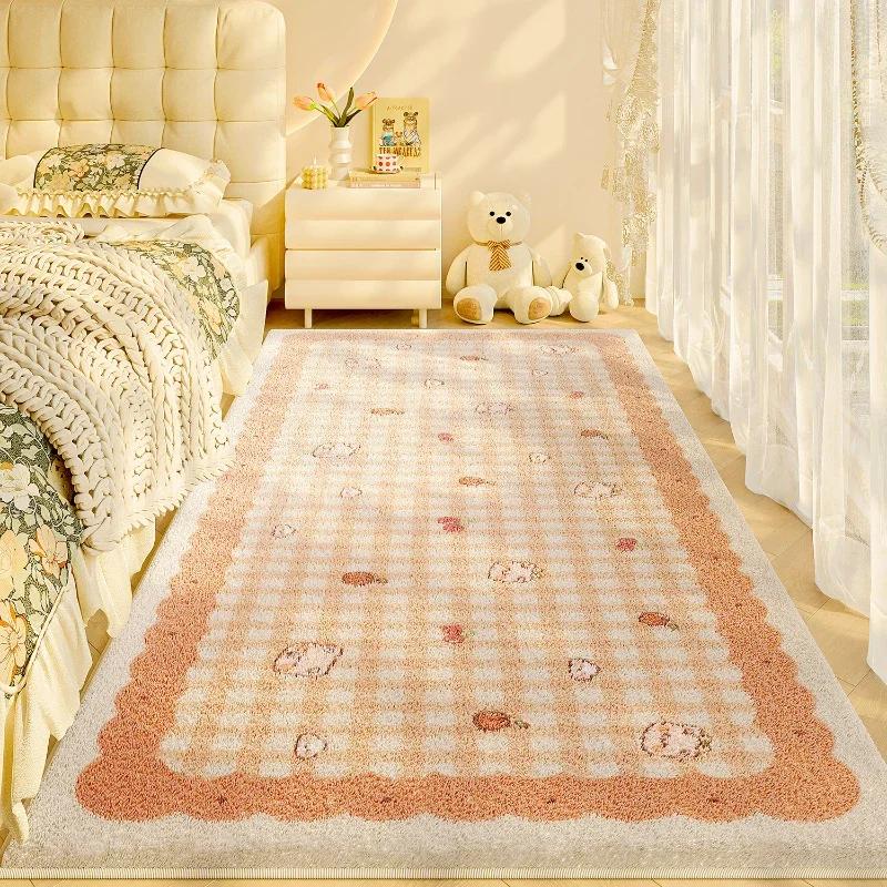 Plaid Cartoon Bedroom Bedside Carpet Light Luxury High End New Cute Carpets Girl Bedroom Children Room Thick Plush Soft Rug 