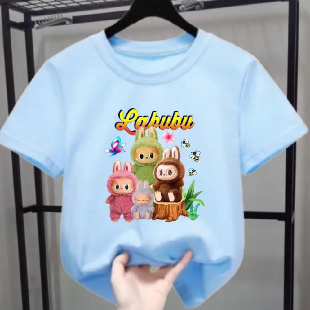New Labubu Children's T-shirt LABUBU with Cute Butterfly Cartoon Pattern Girl Round Neck Short Sleeved Casual Versatile Clothing