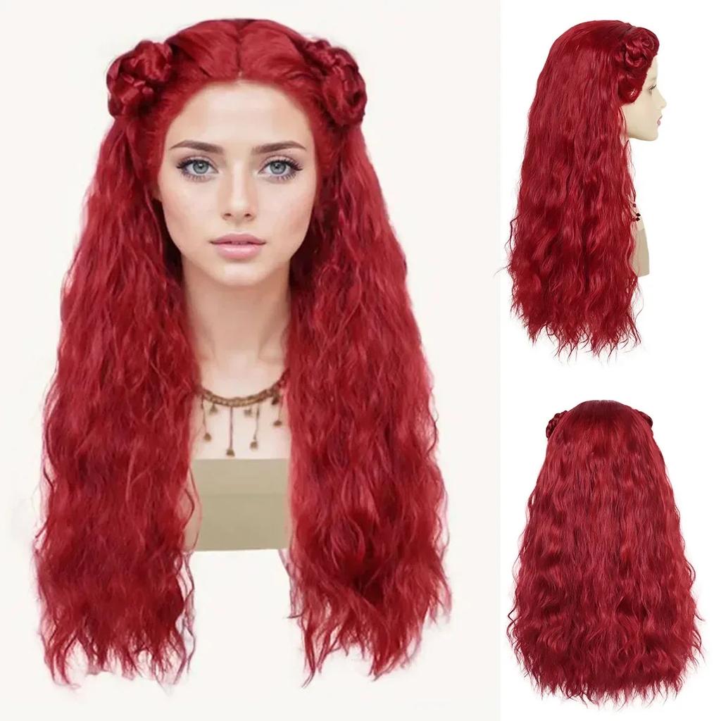 Synthetic Long Wavy Wigs Red Curly Wig Cosplay with 2 Buns for Halloween Costume Fluffy Loose Wig with Braided Buns