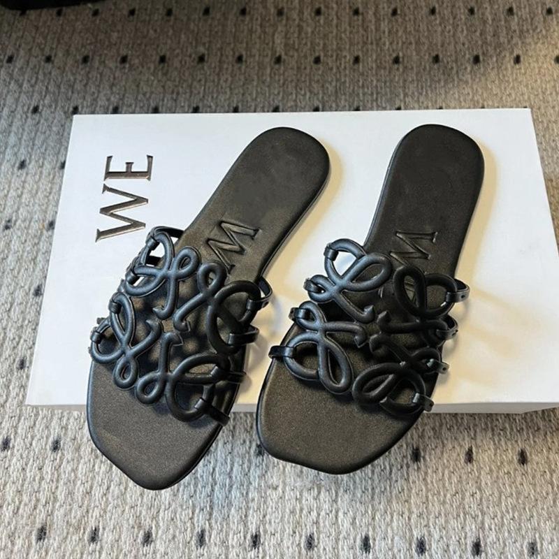 Sheepskin version~ Square head open-toed hollow-out one-word drag, leather versatile slippers, simple sandals, lazy beach shoes