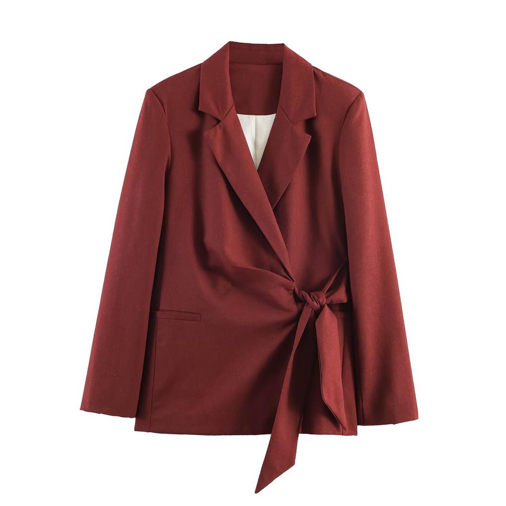 European and American French Women's Clothing Blended Bow Double-breasted Blazer + Wide-leg Pants Set
