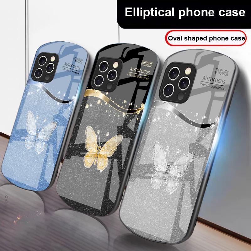 Gradient Diamond Butterfly For IPhone 16 Pro Max 16e 15 Pro 14 13 12 Mini 11 XS Max XR 7 8 Plu SE 22 Elliptical glass phone case