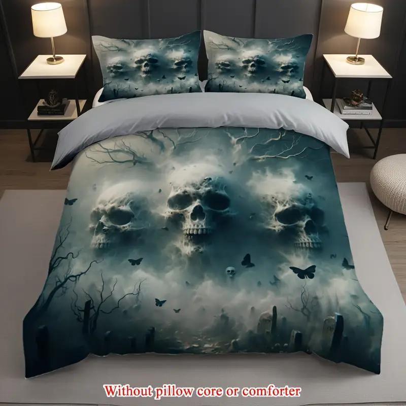 

3D Skull Print Duvet Cover Set 2/3pcs, 100% Polyester, Digital Printing, Zip Closure, Lightweight, Machine Washable EU Single(135x200cm)