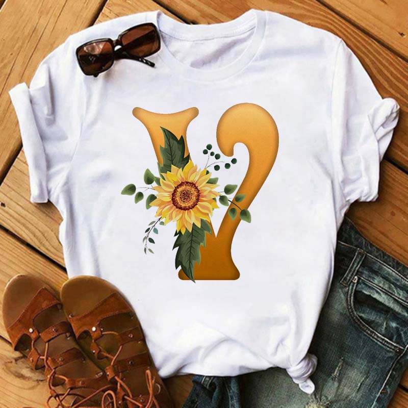 Maycaur Women's T Shirt Custom Name Letter Combination Print Tshirt Sunflower Letter Font A B C D E F G Short Sleeve Ladies Tops