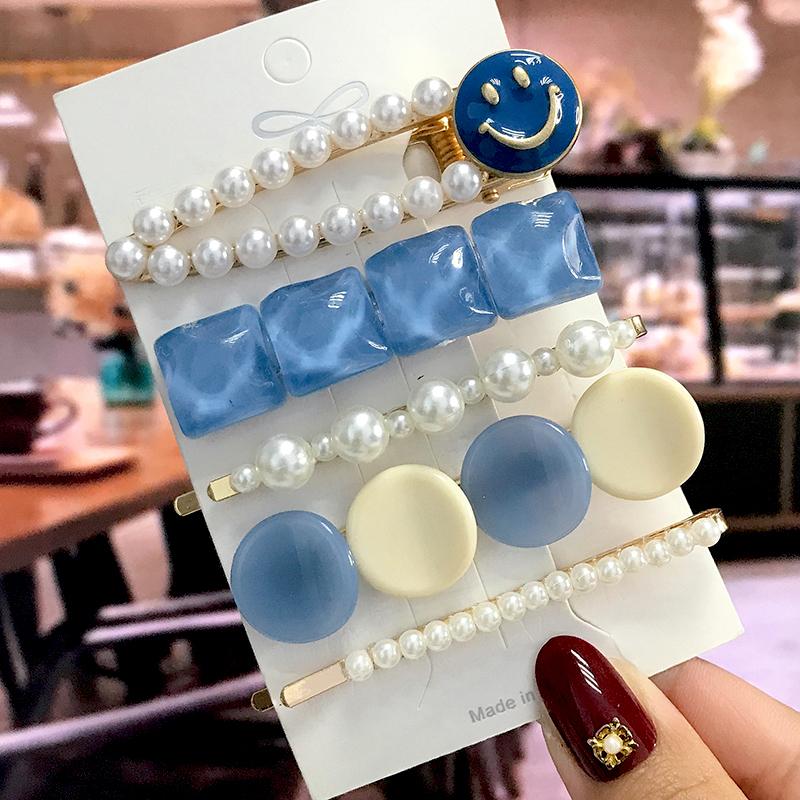 5Pcs/Set Fashion Smiley Pearl Hair Clip For Women Girl Geometric Acetate Barrettes Hairpin Headwear Hair Accessories  Trendy