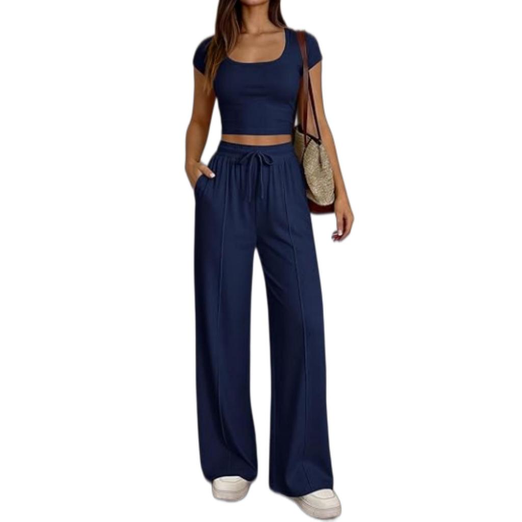 2026 Spring/Summer European & American Women's Casual Slim-Fit Two-Piece Set - Short Sleeve & Long Pants