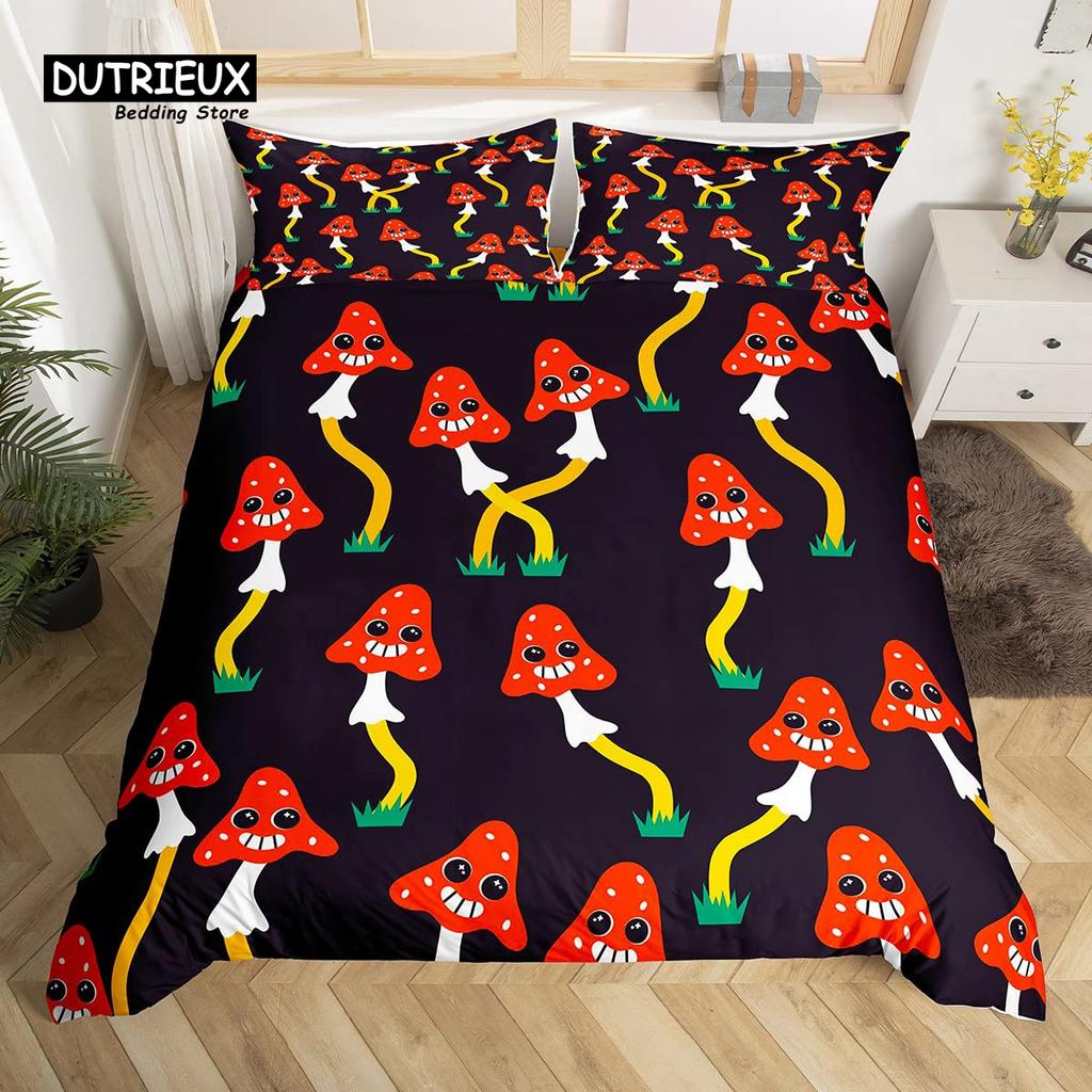Cartoon Mushrooms Duvet Cover Kawaii Fungus Bedding Set Wild Mushroom Stuff Comforter Cover Twin King for Boys Girls Room Decor
