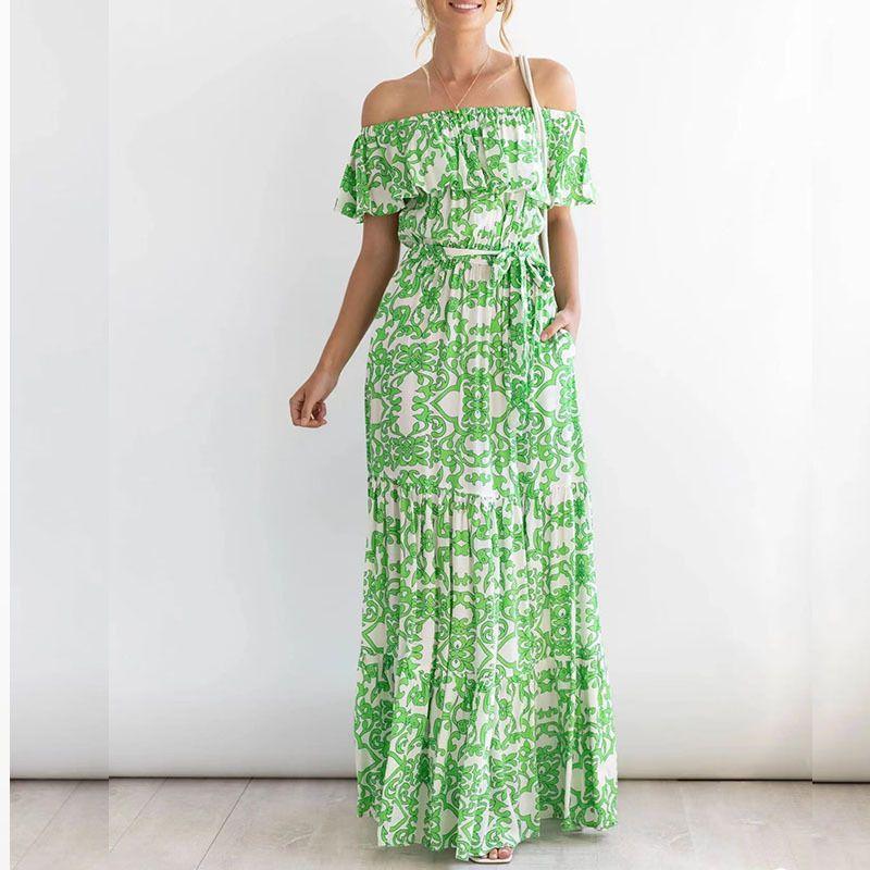 Women's Dress Summer European and American New Women's Clothes off-Shoulder Short Sleeve Print Ruffles Maxi Dress