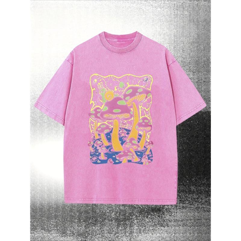 European Size Men's Heavy Duty T-Shirt - Purple Mushroom World Pattern T-Shirt with Neon Green and Blue Accessories T-Shirt