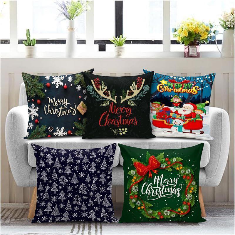 Soft Fabric Designer Decorative Printed Merry Christmas Theme Cushion Cover Xmas Decorations for Sofa Living Room Set of 5 16 X 16 Inch Multi