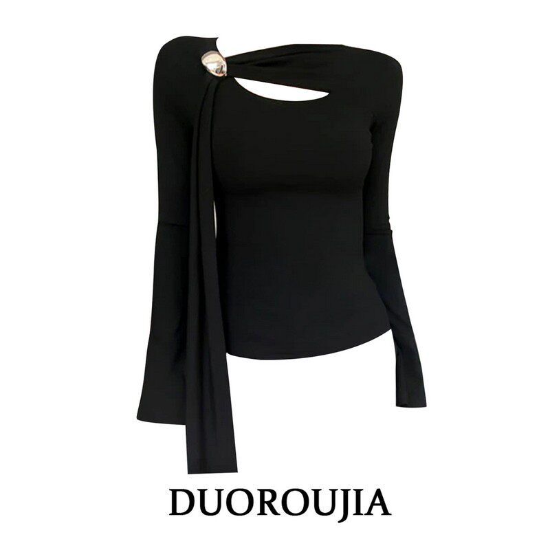 

Duor Plus-Size Design with Irregular Cut-Out Flared Sleeves Knit Top for Early Spring, Slimming Long-Sleeve Base Shirt for Women Top L