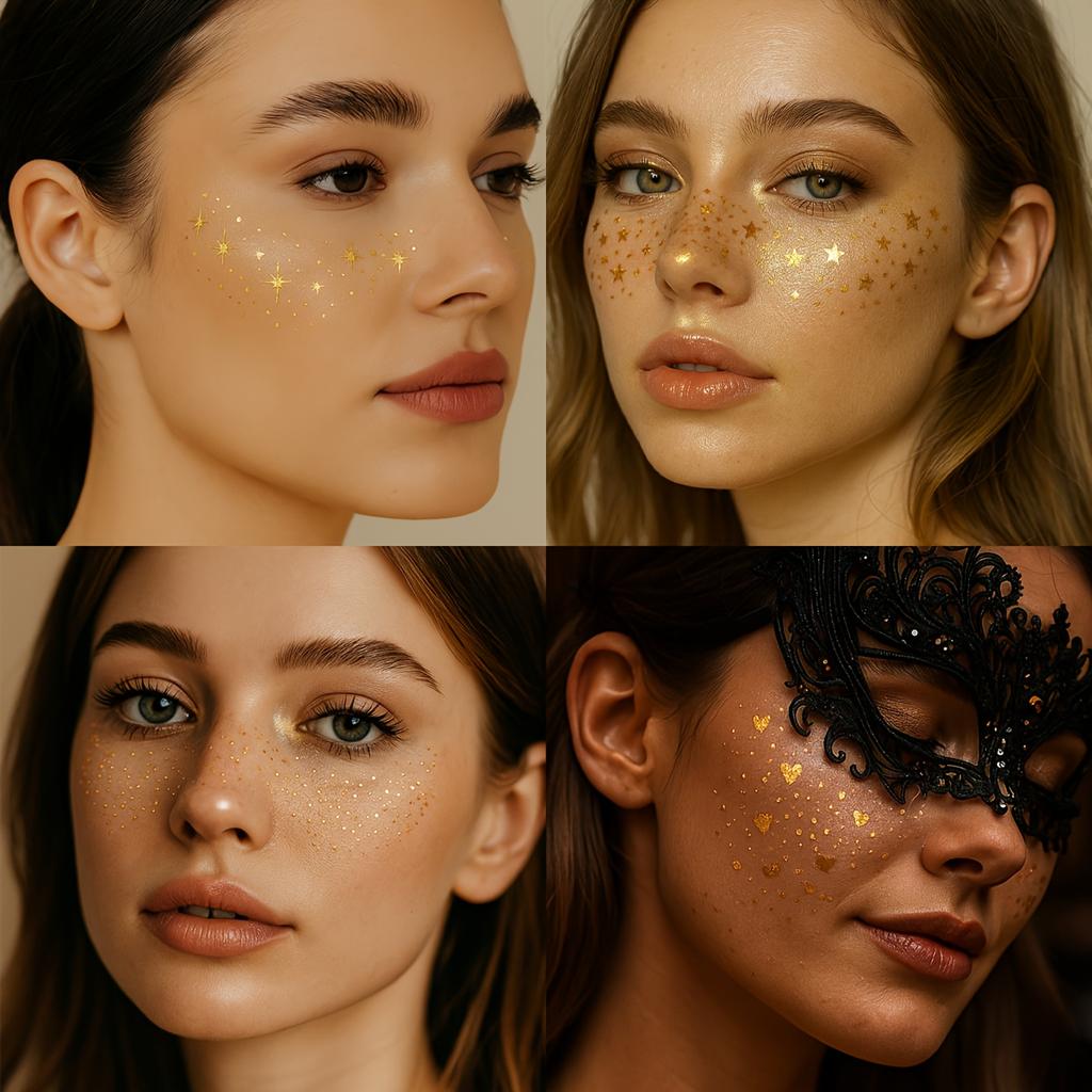 6 Sheets Glitter Freckles Face Tattoo Stickers -Golden Metallic Temporary Face Tattoos with Star & Dot Designs,Party Accessories