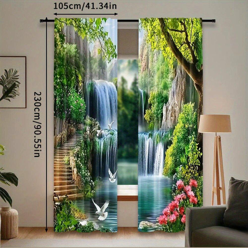 2 pieces of forest Waterfall landscape printed curtains,30*65 inches, home decoration, room decoration