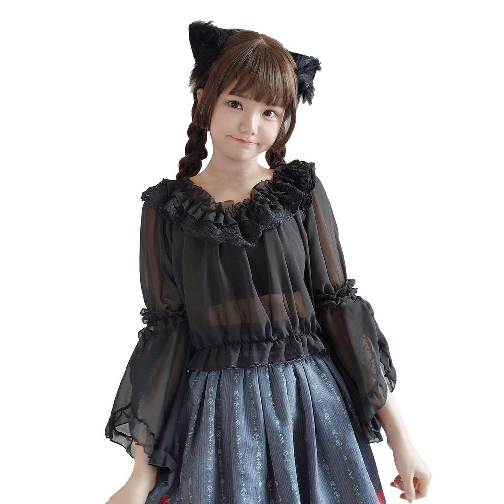 Chiffon Lace Top Short Long-sleeved Lolita Shirt Lolita Daily Dress with Soft Girl Bottom Tube Top