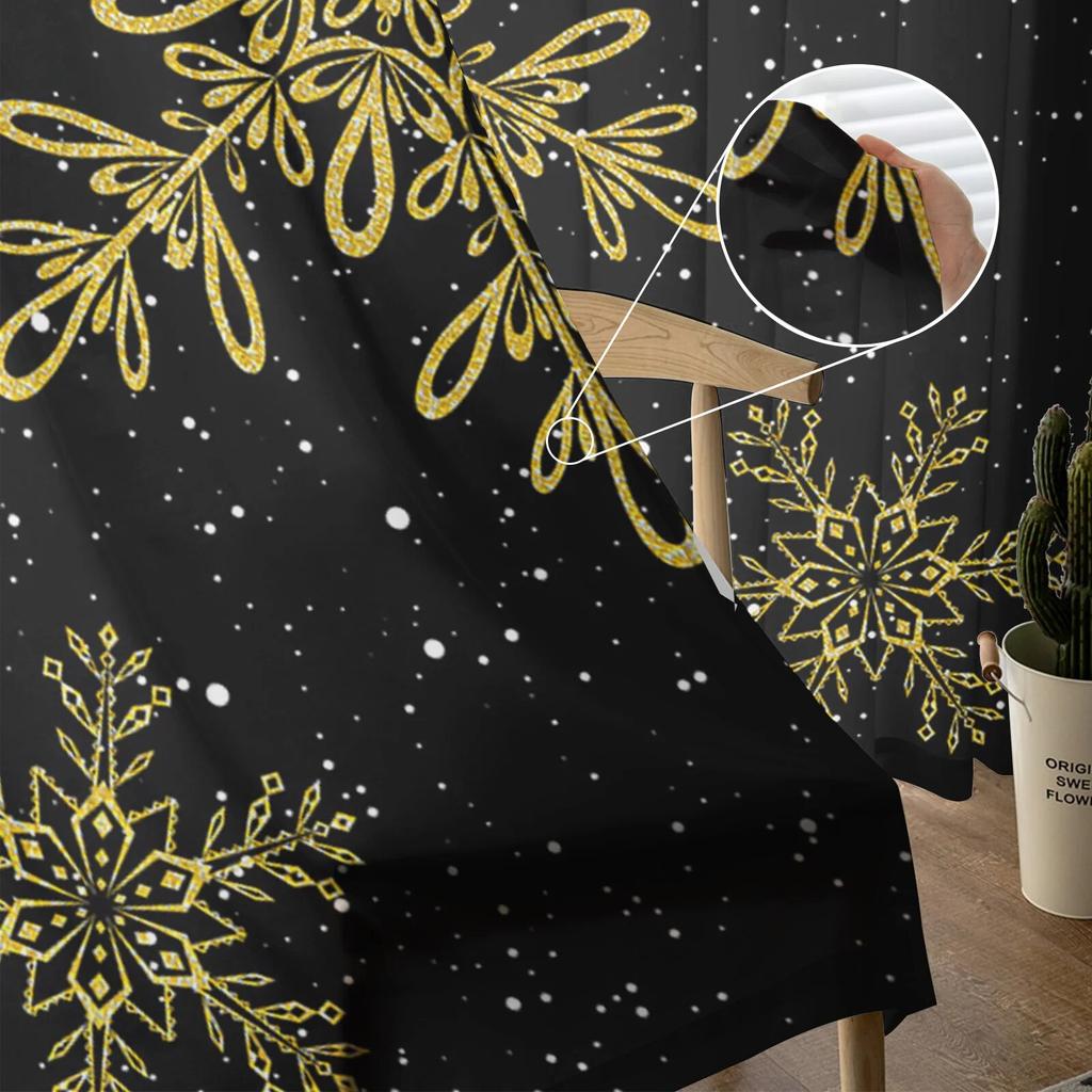Christmas Black Yellow Snowflakes Bedroom Transparent Sheer Curtains Holiday Decoration Window Voile Tulle Curtain