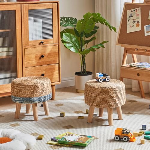 YMYNY Ottoman Stool, Footstool, Handwoven Natural Seagrass, Pastoral Style, with Padded Footrest, Non-Slip, Pine Legs, Wooden Sofa Stool, Suitable for