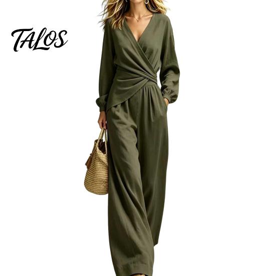 Lässiges Damen-Outfit, Damen-Langarm-2-Teiler-Sets, Oberteil mit unregelmäßigem Saum und V-Ausschnitt, Anzug aus Polyesterfaser und passende Wide-Leg-Hosen für Reise und Urlaub