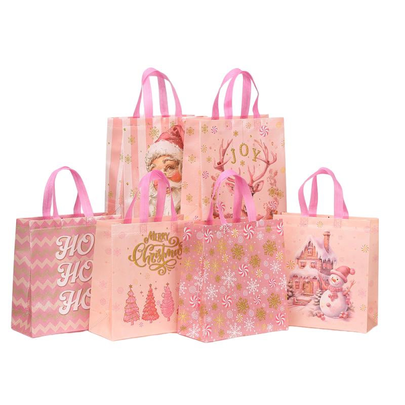 Christmas Non Woven Gift Bag Eco-Friendly High Capacity Foldable Bag Pink Gift Packaging Bag  For Festive Decoration