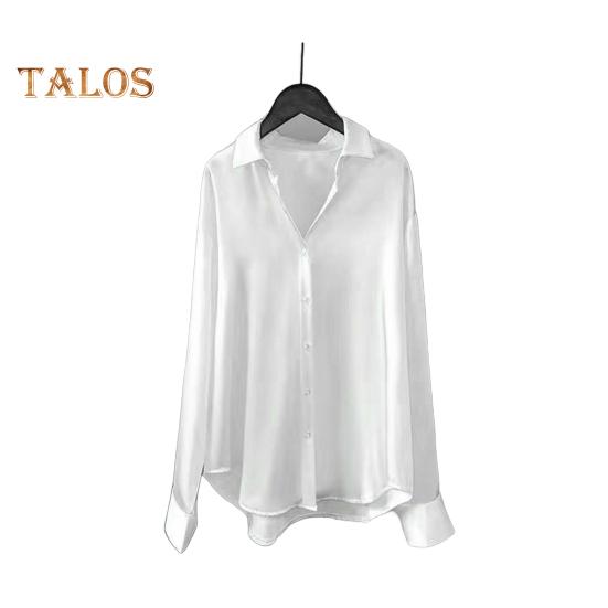 

Женская рубашка с лацканами, длинный рукав, однобортная рубашка, однотонная, гладкая, атласная, свободного кроя, повседневная рубашка M белый