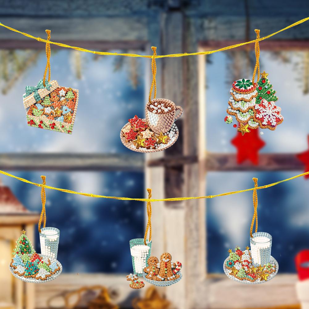 6pcs Xmas Theme 2D/Flat DIY Hanging Diamond Art Kits Rhinestone Diamond Art Window Pendants Window Hanging Art for Home Decor