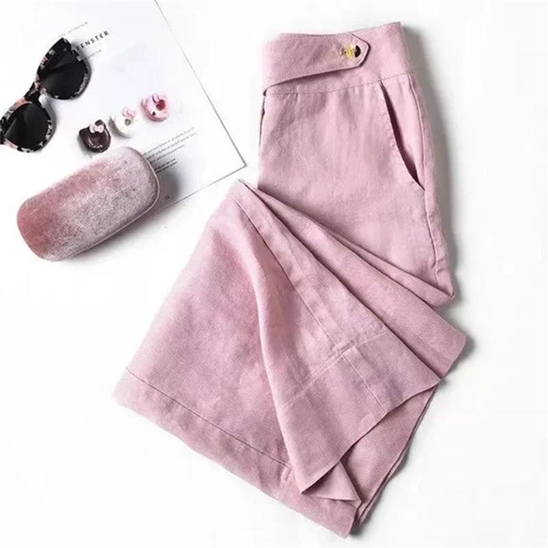 

Spring Summer Women Cotton and Linen Wide Leg Pants Female Solid Color Loose Flax Straight Leg Trousers Ladies Leisure Pantalons 3XL рожевий