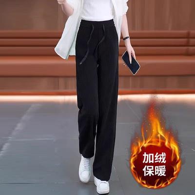 Women's Oat Color Corduroy Wide-Leg Pants Fleece Lined Thick Winter Trousers