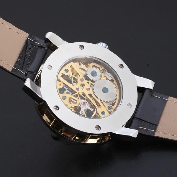 T-WINNER Gear Bezel Mechanical Watch with Hollow Dial & Leather Strap for Men and Women