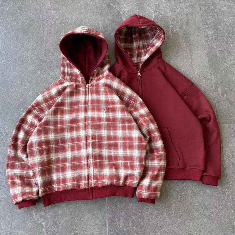 Mens Reversible Hooded Cardigan Sweatshirt American Vintage Style Loose Fit Casual Wear