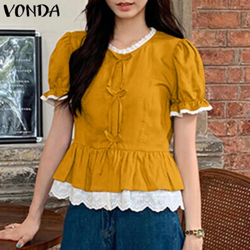 VONDA Women Summer Round Neck Puff Short Sleeve Lace Hem Blouses