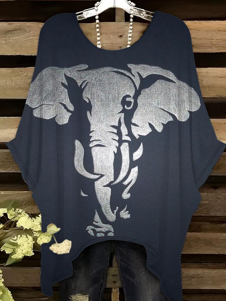 Silver Elephant Women's Large Size Short Sleeve T-Shirt, Irregular Hoop Design, Digital Printing Four Seasons T-Shirt