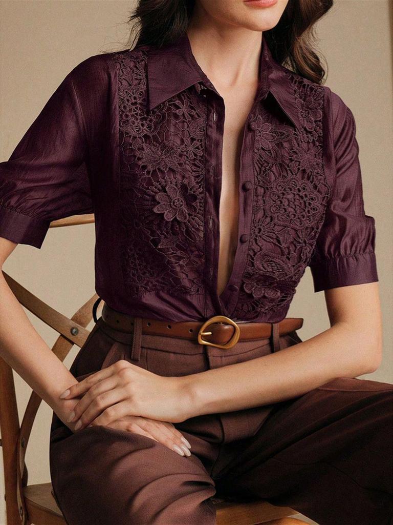 Spitzenpatchwork lässiges kurzärmeliges Damenhemd - Trend 2025