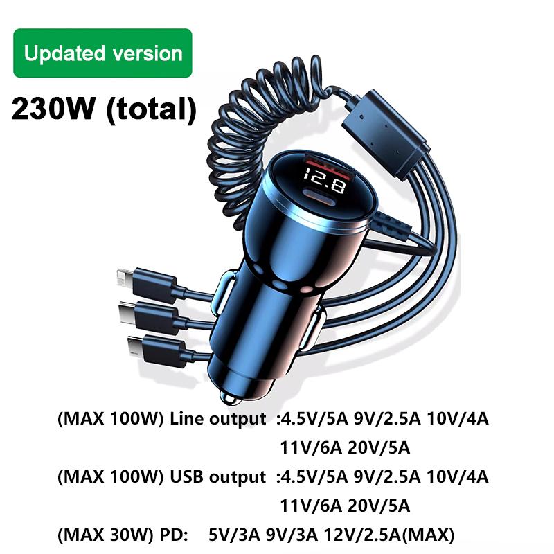 SEAMETAL 230W 115W Car Charger With 3 In 1 Fast Charging Cable PD Type C QC3.0 USB C Car Phone Charger For Samsung Iphone Xiaomi