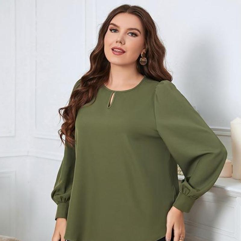 Полая однотонная зеленая футболка с длинным рукавом-фонариком — фото 3