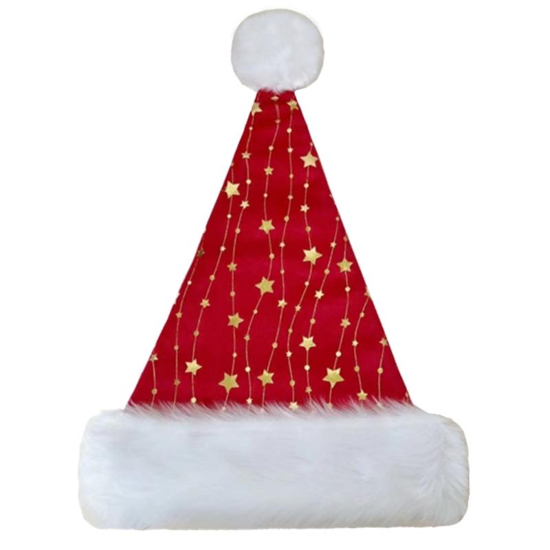 

Adult Santa Hat with Golden Star for Holiday Comfort Liner Christmas New Year Symbol Cap with White Brim красный