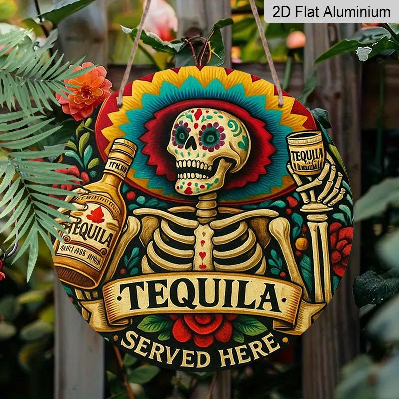 2D Flat 1pc, 8x8 In, Aluminum Metal Decorative Signs & Plaques Printed Design, 1pc, Featuring A Skeleton Drinking, Perfect for Decorating for Home