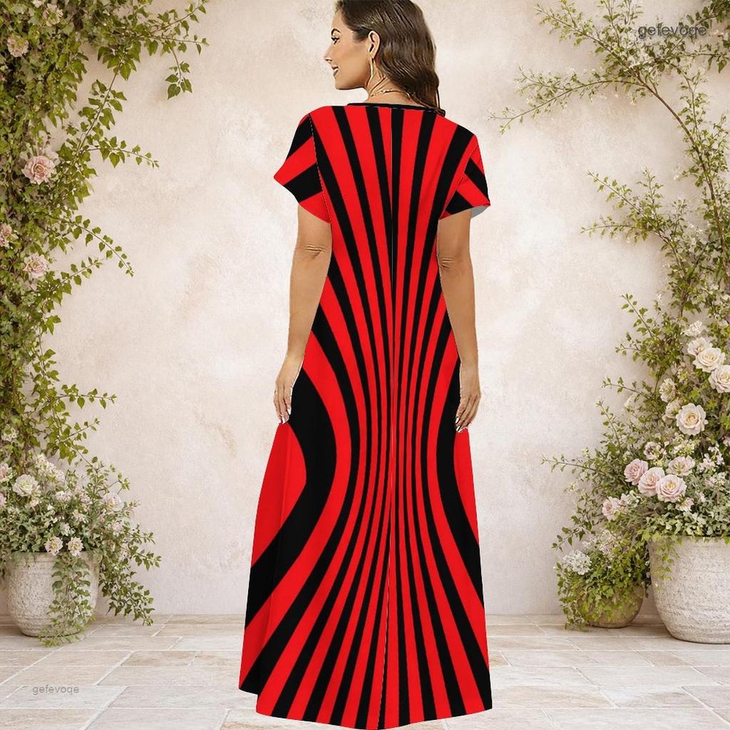 Women Plus Size V Neck Short Sleeve Red Black Striped Printed Long Straight Dress