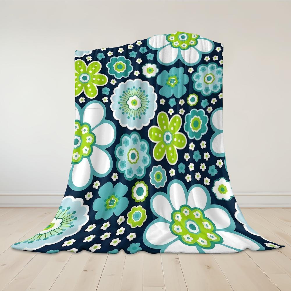 Blue And Green Floral Print Flannel Blanket Warm Soft Halloween Christmas Couch Warm Cozy Decorative Decor Gift For All Season