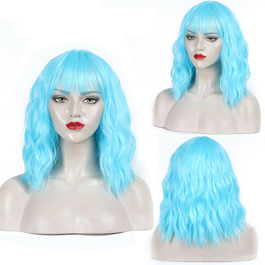 Synthetic Hair Blonde Wigs for Women Short Wavy Curly Wig with Bangs Water Wave Wig Daily Girls Cosplay Halloween Party