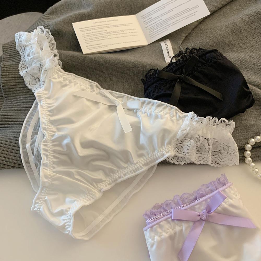 Slip da Donna a Vita Bassa in Raso con Bordi in Pizzo Arricciato a Contrasto Decorazione a Fiocco Schiena in Rete Trasparente Dolce Sexy Lingerie da Donna Slip
