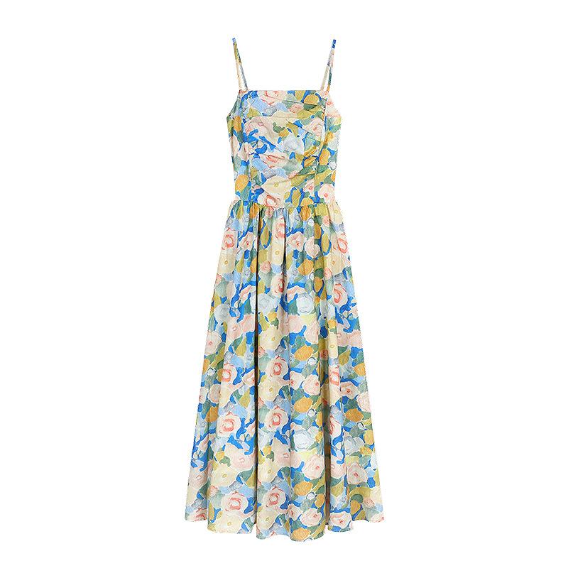 Holiday wind floral suspender skirt oil painting style dress women's spring waist thin A-shaped long dress tube top skirt