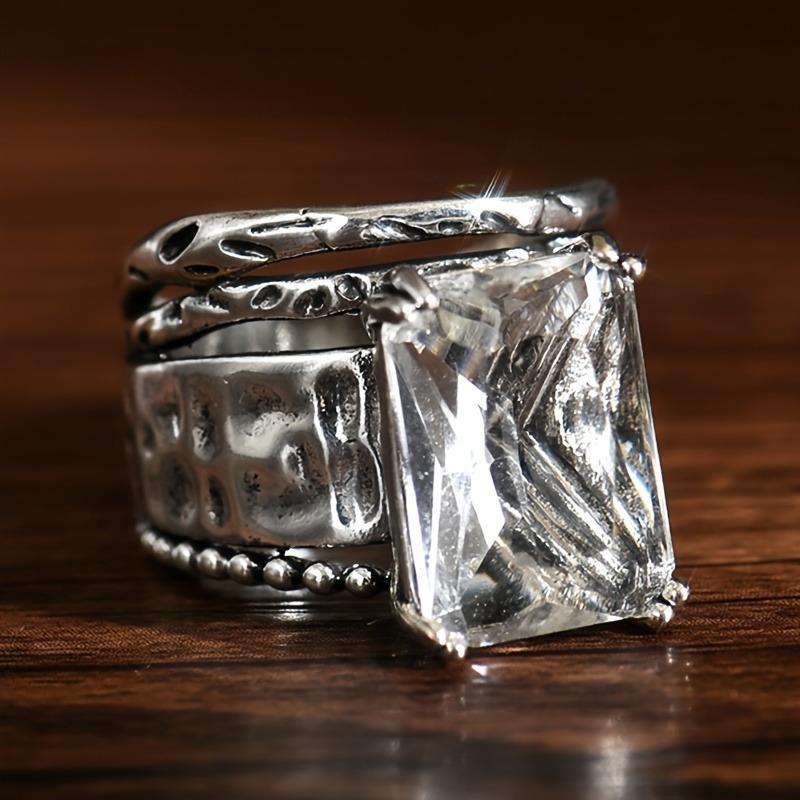 Vintage stříbrná barva, čtvercový prsten se širokou přední stranou, vykládaný zirkony, dámské personalizované trendy doplňky šperky pro sváteční večírky