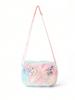 Kids Pink Butterfly Pattern Polyester Fluffy Shoulder Bag For School And Outings