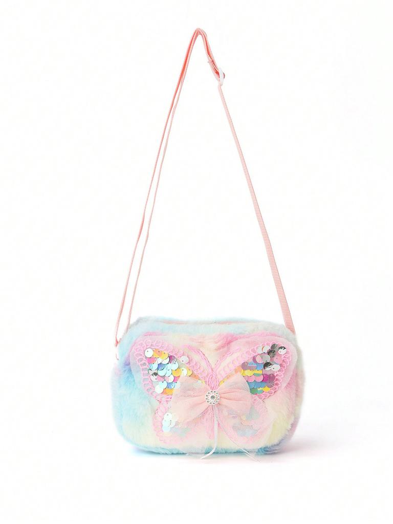 Kids Pink Butterfly Pattern Polyester Fluffy Shoulder Bag For School And Outings