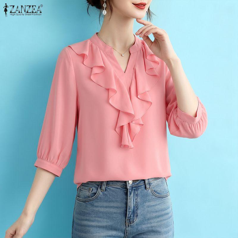 ZANZEA Women Ruffles V-Neck Solid Color Casual 3/4 Sleeve Blouse