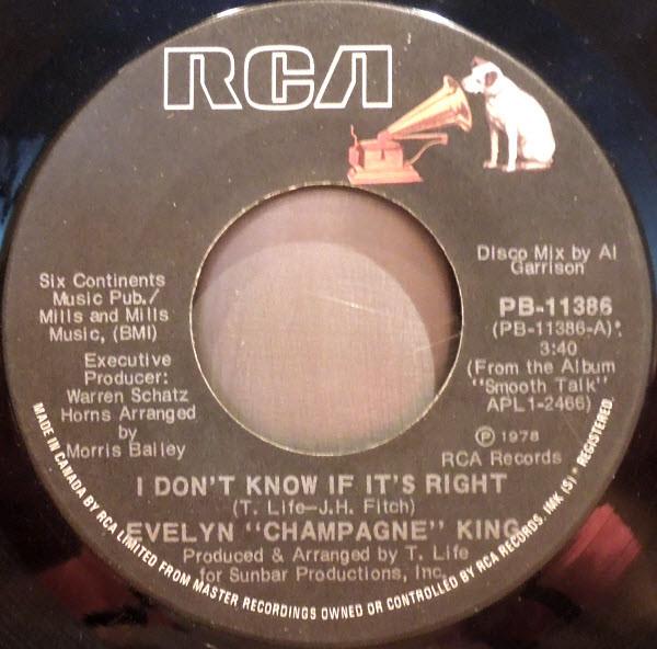 

7inch Record EVELYN KING - I Don t Know If It s Right / We re PB11386 RCA 1977 Canada Soul/Funk Used