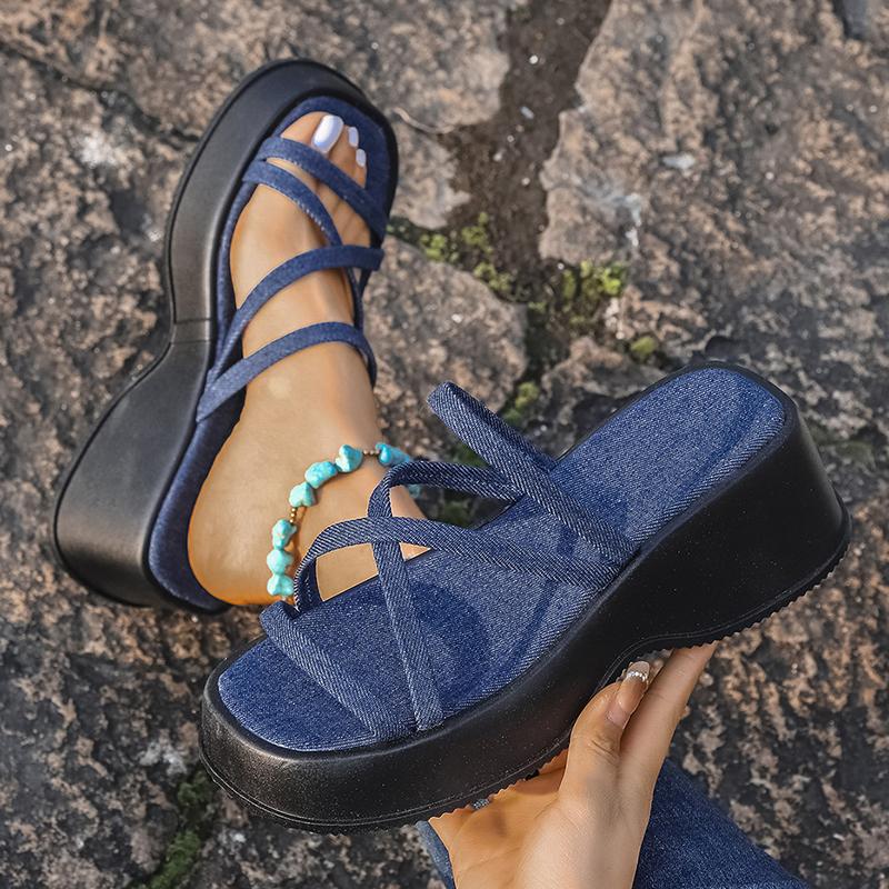 Denim Cross Strap Platform Sandals Woman Plus Size Fashion Thick Sole Slippers for Women 2025 Summer Wedge Heels Sandalias Mujer