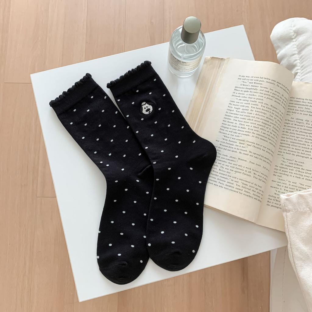 2024 Cute Bubble Lace Dot Puppy Embroidery Pile Socks Cotton Medium Long Tube