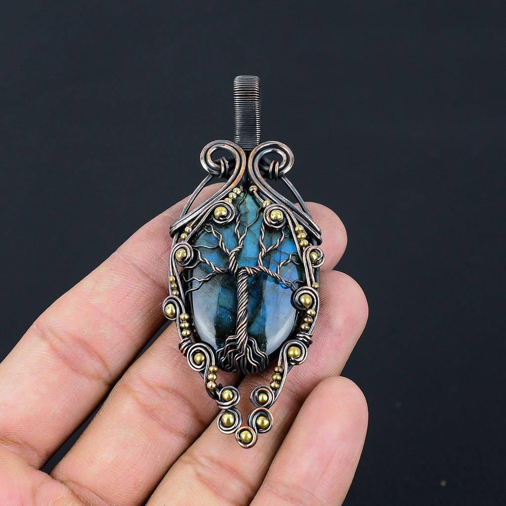 Tree Of Life Labradorite Gemstone Pure Copper Wire Wrapped Handmade Pendant Jewelry